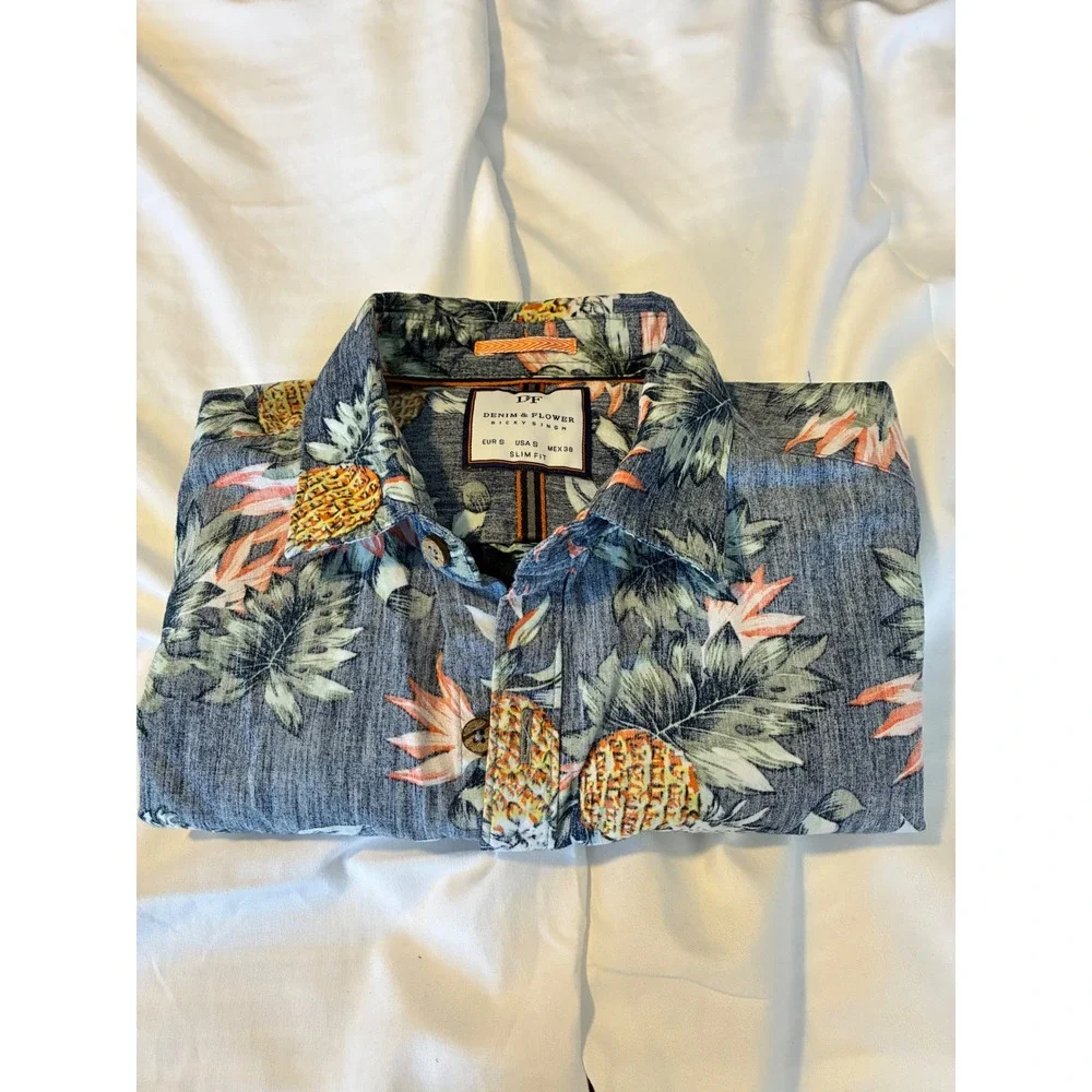 Denim & Flower Ricky Singh Pineapple Hawaiian Shirt Mens Slim Fit S Short Sleeve